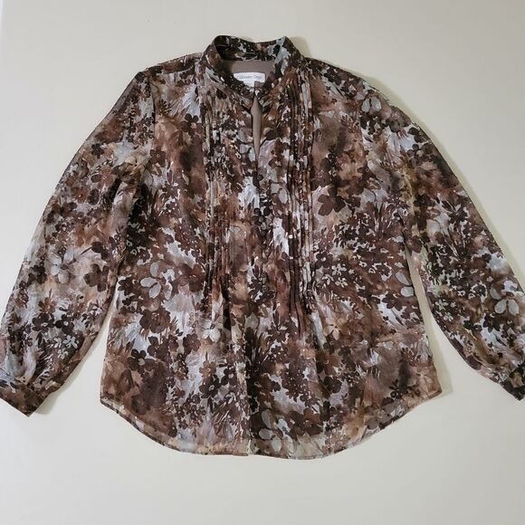 Coldwater Creek Women's Pintuck Brown Floral Blouse - Picture 1 of 15